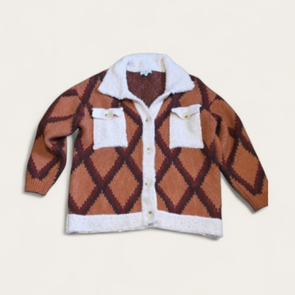 Polagram Women's Cardigan - Orange and Cream Diamond Pattern